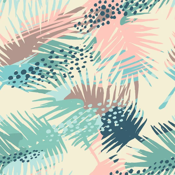 Nahtlose exotische Muster mit tropischen Pflanzen und künstlerischem Hintergrund. — Stockvektor