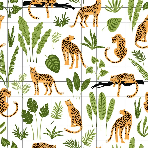 Vestor seamless pattern with leopards and tropical leaves. — Stock Vector