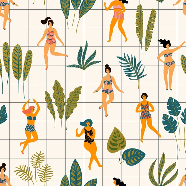 Motif vectoriel sans couture avec ladyes dansants en maillots de bain et feuilles de palmier tropical . — Image vectorielle