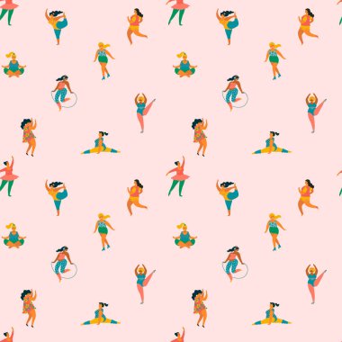 Artı boyutu kızlar ve aktif yaşam tarzı mutlu. Vektör seamless modeli.