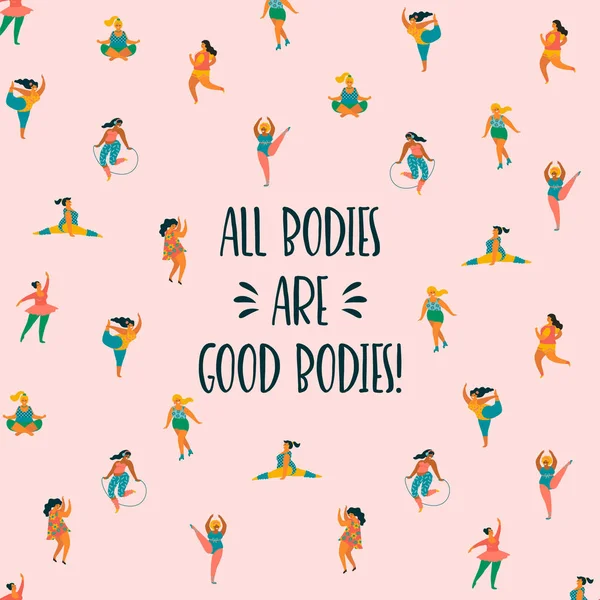 Corps positif. Happy plus les filles de taille et mode de vie actif . — Image vectorielle