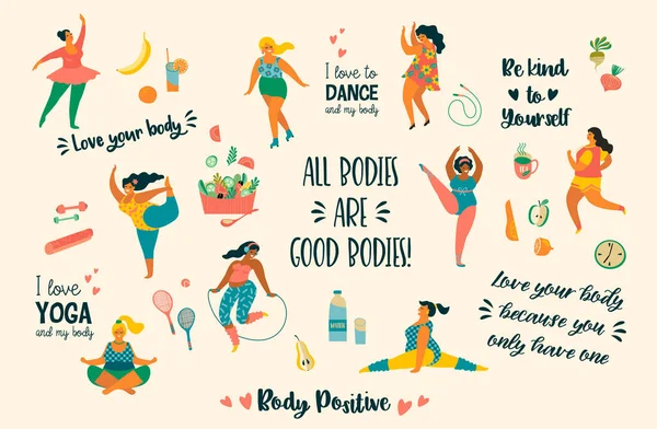 Lichaam positief. Happy plus grootte meisjes en actieve gezonde levensstijl. — Stockvector