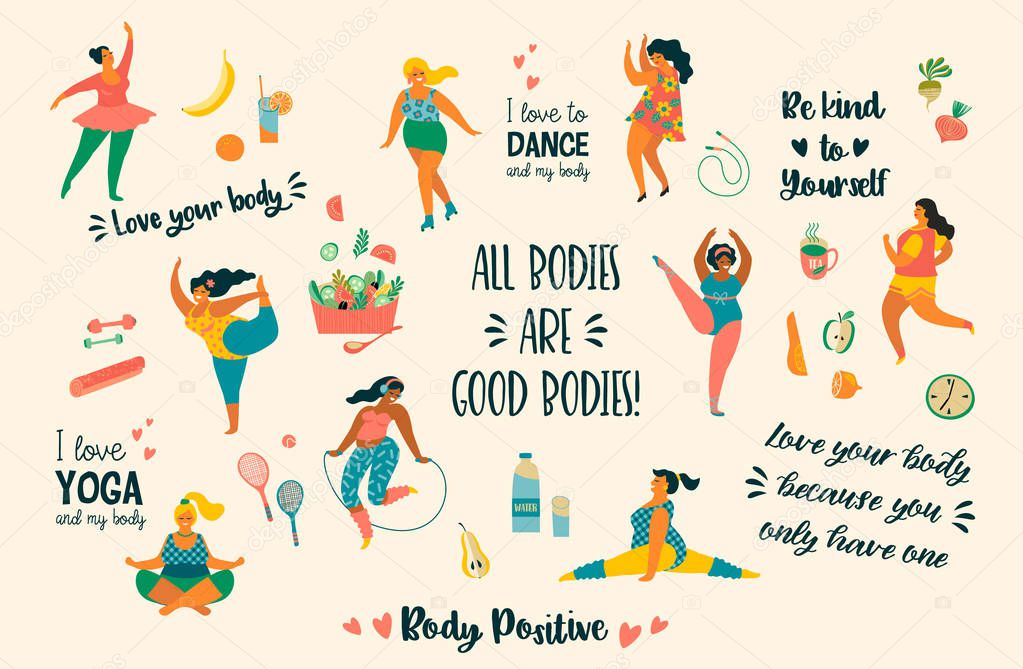 Body positive. Happy plus size girls and active healthy lifestyle.