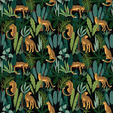 Vestor leopar ve tropikal yaprak ile seamless modeli.