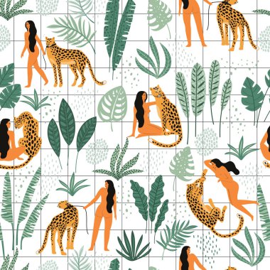 Kadınlar, leopar ve tropikal yaprak ile vektör seamless modeli.
