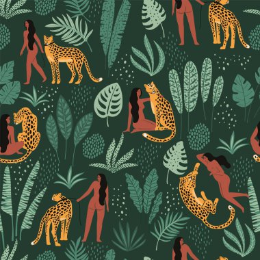 Kadınlar, leopar ve tropikal yaprak ile vektör seamless modeli.