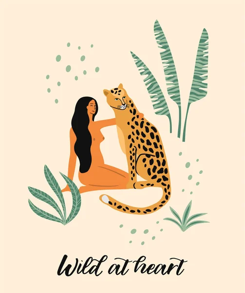 Sé salvaje. Ilustración vectorial de mujer con leopardo . — Archivo Imágenes Vectoriales