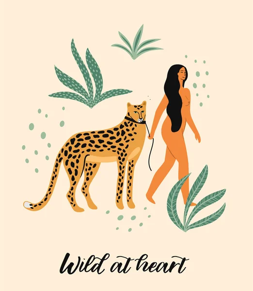 Sé salvaje. Ilustración vectorial de mujer con leopardo . — Archivo Imágenes Vectoriales