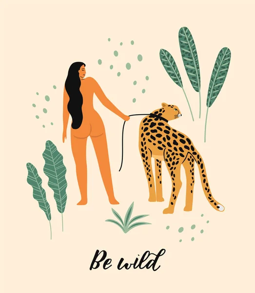 Vara vilda. Vektorillustration av kvinna med leopard. — Stock vektor