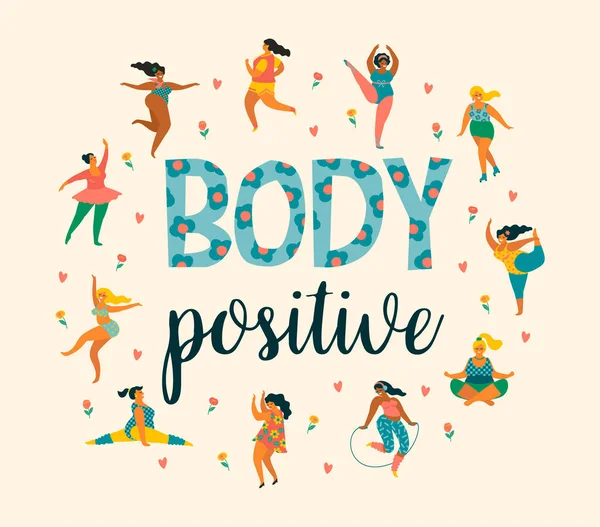 Cuerpo positivo. Feliz más el tamaño de las niñas y estilo de vida saludable activa . — Vector de stock