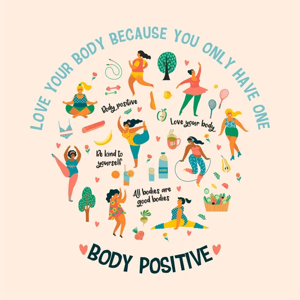 Body positive. Happy plus size girls and active healthy lifestyle. — Stock Vector