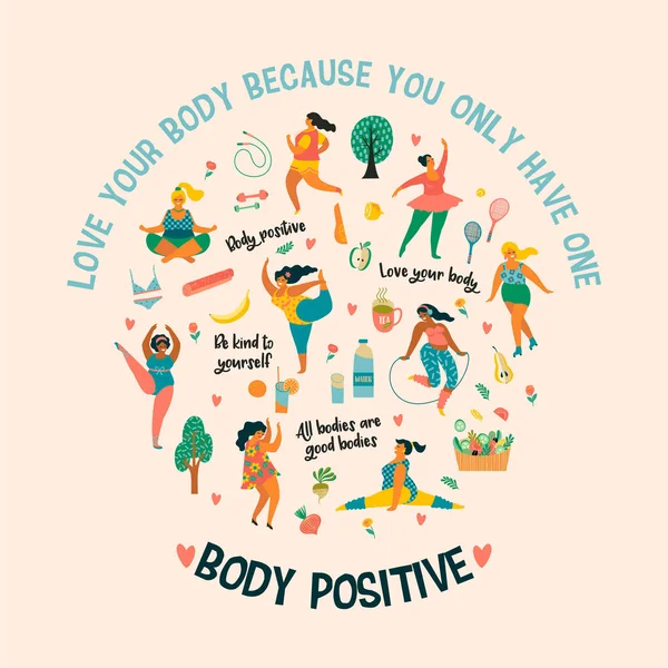 Corps positif. Happy plus les filles de taille et un mode de vie sain actif . — Image vectorielle