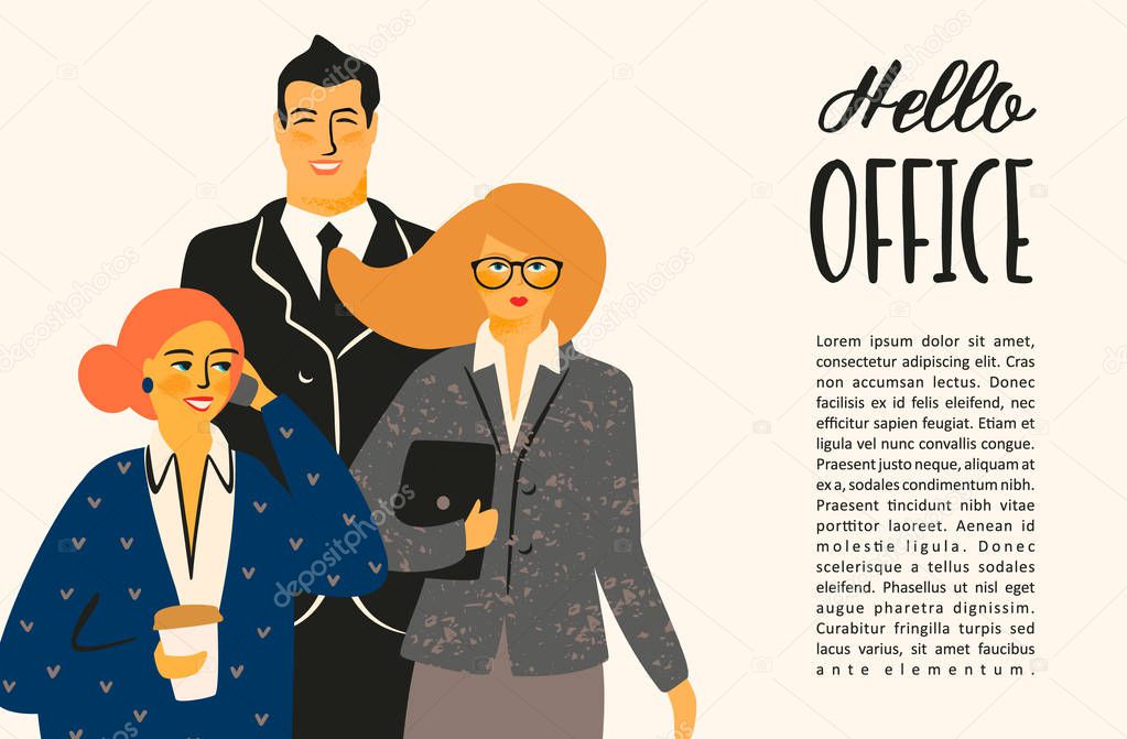 Hello office. Vectior illustration with office workers.