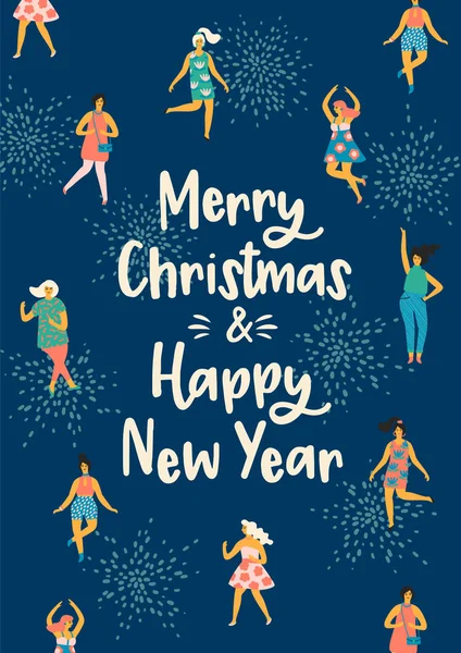 Natale e Felice Anno Nuovo illustrazione con donne danzanti. Vettoriale Stock