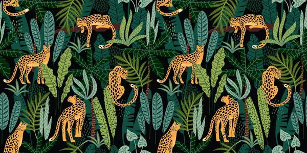 Patrón sin costura Vestor con leopardos y hojas tropicales . — Vector de stock
