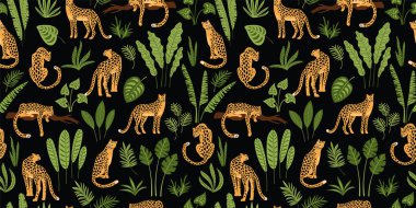 Vestor leopar ve tropikal yaprak ile seamless modeli.