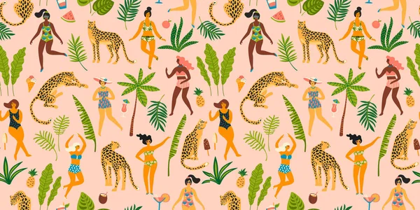 Vector seamless pattern with dancing ladyes in swimsuits and leopards. — Stock Vector