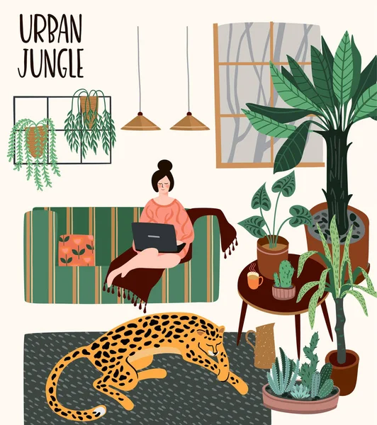 Urban Jungle. Vector illustration with trendy home decor. — Stock Vector