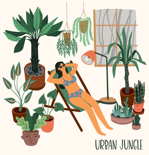 Városi dzsungel. Vektoros illusztráció divatos lakberendezés. Szobanövények, trópusi levelek. — Stock Vector