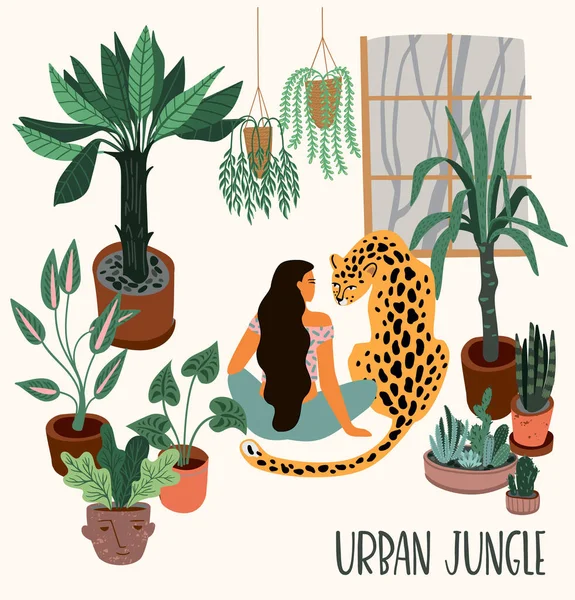 Selva urbana. Ilustración vectorial con decoración casera de moda . — Vector de stock