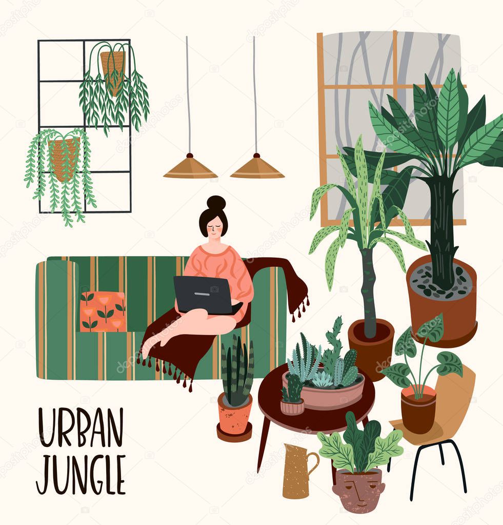 Urban Jungle. Vector illustration with trendy home decor. Houseplants, tropical leaves.