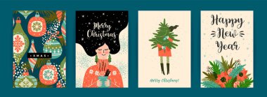 Noel ve mutlu yeni yıl şablonları. Trendy retro tarzı.