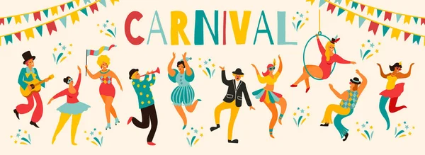 Hola Carnaval Vector ilustración de divertidos hombres y mujeres bailando en trajes brillantes — Vector de stock