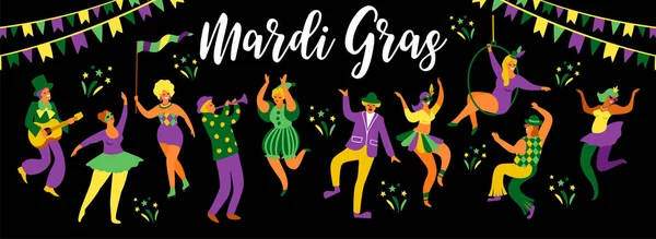 Mardi Gras. Ilustración vectorial de divertidos hombres y mujeres bailando en trajes brillantes . — Vector de stock