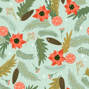 Noel ve mutlu yeni yıl Dikişsiz desen iğne yapraklı dallar.