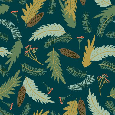 Noel ve mutlu yeni yıl Dikişsiz desen iğne yapraklı dallar.