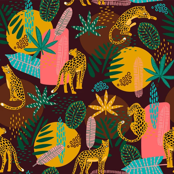 Vestor sömlösa mönster med leoparder och abstrakt tropiska löv. — Stock vektor