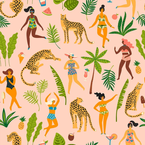 Modèle sans couture vectoriel avec ladyes dansants en maillots de bain et léopards . — Image vectorielle