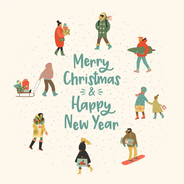 Natal e Feliz Ano Novo ilustração whit pessoas. Estilo retro na moda . — Vetor de Stock
