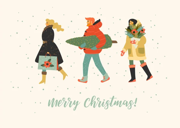 Natale e Felice Anno Nuovo illustrazione con le persone. Stile retrò alla moda . — Vettoriale Stock