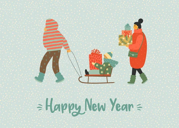 Christmas and Happy New Year illustration whit people. Trendy retro style. — Stock Vector