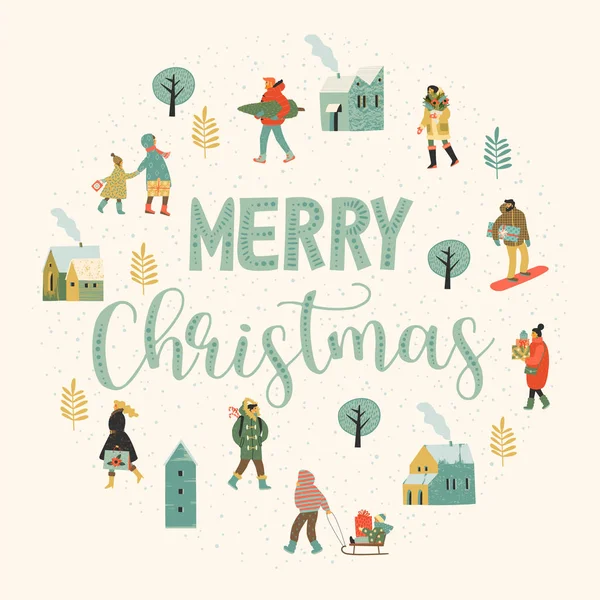 Christmas and Happy New Year illustration whit people. Trendy retro style. — Stock Vector
