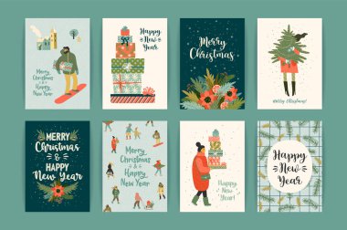 Noel ve mutlu yeni yıl şablonları. Trendy retro tarzı.