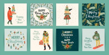 Noel ve mutlu yeni yıl şablonları. Trendy retro tarzı.