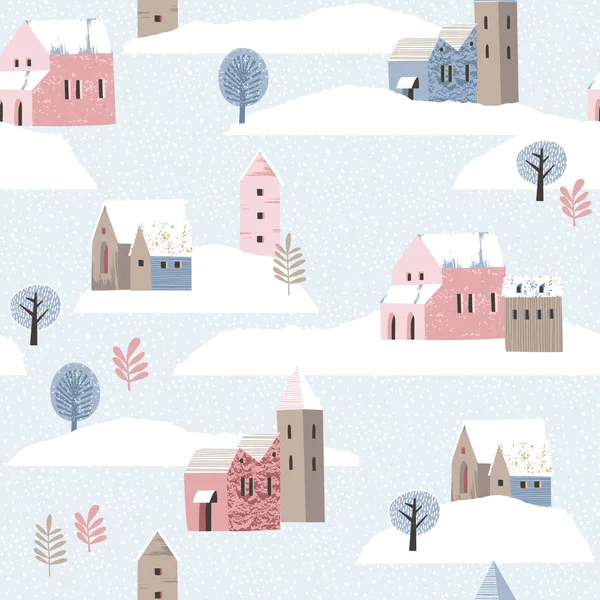 Christmas and Happy New Year seamless pattern whit winter landscape. - Stok Vektor