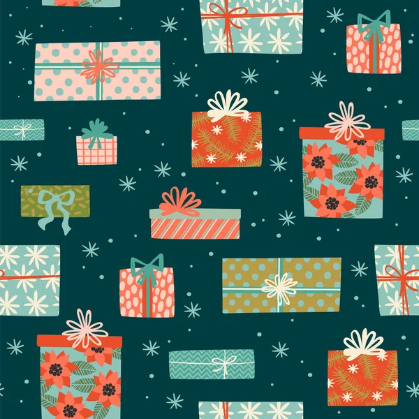 Navidad y Feliz Año Nuevo patrón sin costuras con cajas de regalo. — Vector de stock