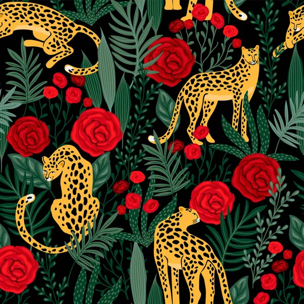 Padrão sem costura com leopardos e rosas . —  Vetores de Stock