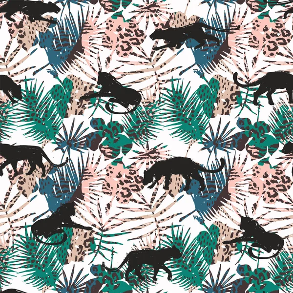 Vestor seamless pattern with leopards and abstract tropical leaves.