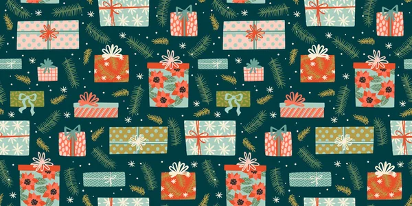 Boże Narodzenie i Szczęśliwego Nowego Roku bezproblemowy wzór z pudełkami prezentów. — Wektor stockowy