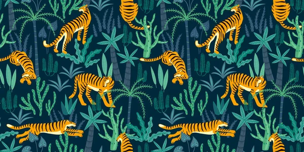 Безшовний екзотичний візерунок з тиграми в джунглях . — стоковий вектор