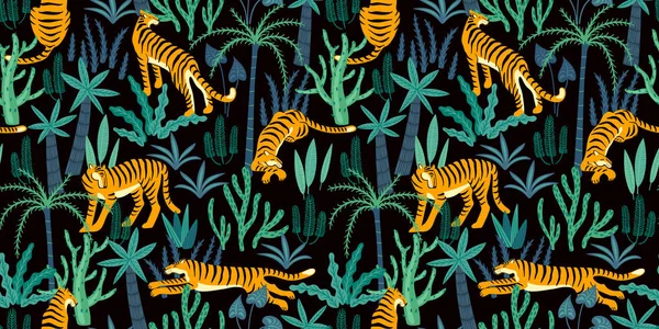 Patrón exótico sin costuras con tigres en la selva . — Vector de stock