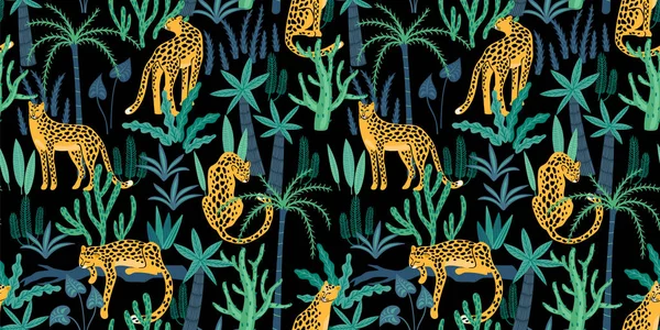 Vestor sömlösa mönster med leoparder och tropiska löv. — Stock vektor