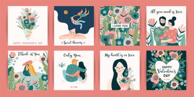 Şirin resimler romantik kümesi. Vektör tasarım konsepti Sevgililer günü ve diğer kullanıcılar için.