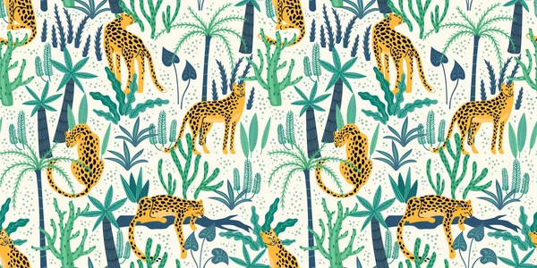 Vestor Seamless Pattern Leopards Tropical Leaves Trendy Style — Stock Vector
