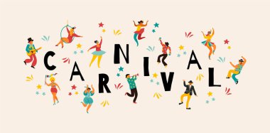 Karnaval vektör çizim komik kadın ve erkek parlak kostümleri dans, Merhaba. Tasarım öğesi için karnaval kavramı ve diğer kullanıcılar