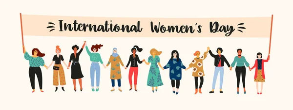 Día Internacional Mujer Ilustración Vectorial Con Mujeres Diferentes Nacionalidades Culturas — Archivo Imágenes Vectoriales